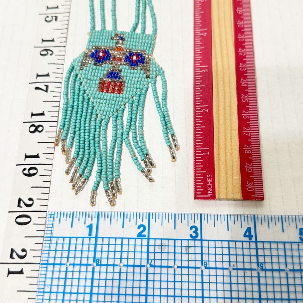Vintage Hand Beaded Thunderbird Long Necklace Dangle Beaded Fringe - Picture 6 of 6